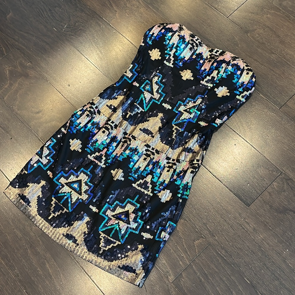 Marineblu detailed sequined Strapless Dress